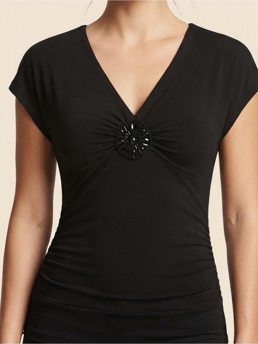 Tempted Black Short Sleeve V-Neck Top with Center Jewel Detail